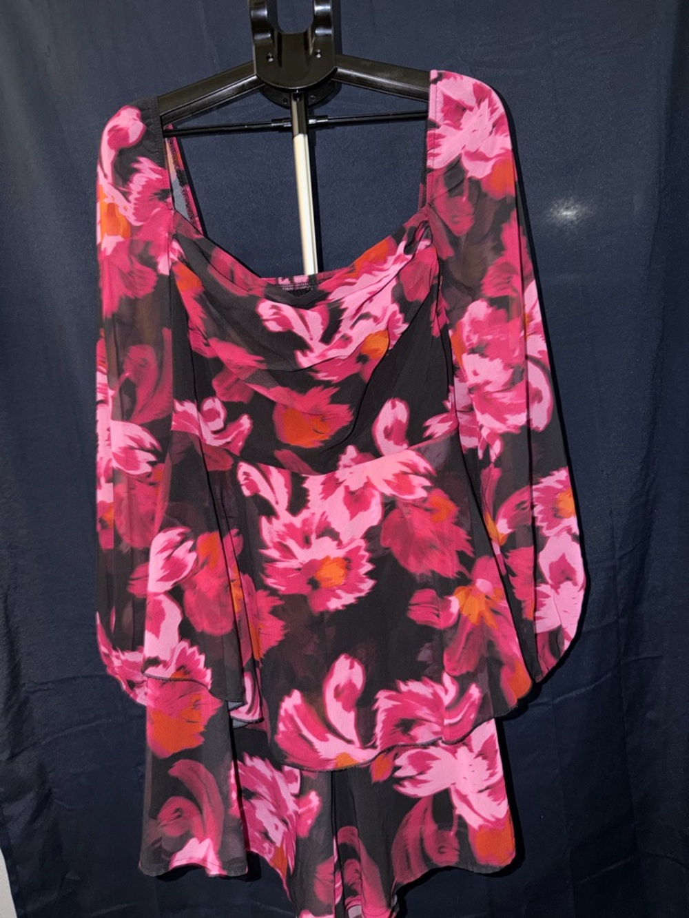 Pink Floral Long Sleeve Romper Dress 1XL (Flowy Overlay)